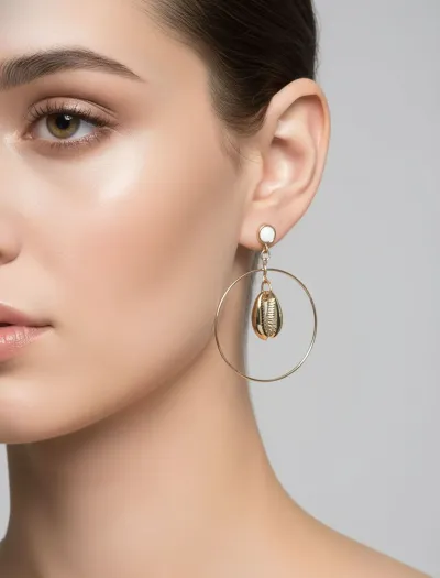 گوشواره آویزی حلقه‌ای صدف طلایی